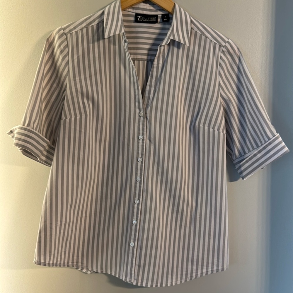 NY & Co 7th Avenue Gray and White Striped Shirt